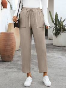 EMERY ROSE Women's Casual Elastic Waist Straight Leg Pants, Autumn Women Casual Pants Women Summer Pants Paper Bag Pants Lace Up Pants - Volcanic Gray - View 4