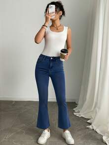 SHEIN ICON 高腰休闲修身口袋牛仔裤 - 中等水洗藍 - 查看 4