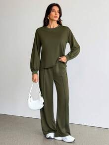 SHEIN Tall 女士休闲纯色简约长袖上衣裤套装（2件套） 女士长袖两件套 舒适两件套 女士休闲两件套 女士两件裤套装 女士秋季冬季服装 - 墨綠色 - 查看 5