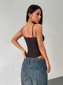 SHEIN PETITE 女士吊带蕾丝拼接黑色紧身胸衣性感新年连体衣，新年女士服装，女士紧身胸衣 - 黑色 - 查看 2