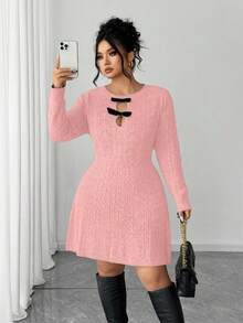 SHEIN Elenzya Đầm len dự tiệc màu trơn đính nơ thanh lịch cho nữ - Hồng - Xem 5