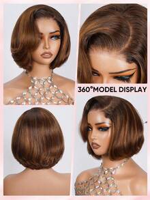 ALL READY WIG Wear Go 无胶鲍勃假发，100% 雷米真人发质，夏季短款鲍勃假发，预造型分层剪裁，4x4 预剪蕾丝，预拔发际线，预漂白，全效假发，180% 密度，4/30# 挑染巧克力棕色头发，优雅别致的女老板造型