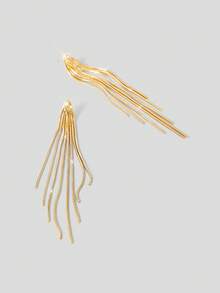 Aloruh 2pcs Fashionable Simple Metallic Tassel & Shiny Pendant Dangle Earrings, Perfect For Party, Date Or Gift - Yellow Gold - View 4