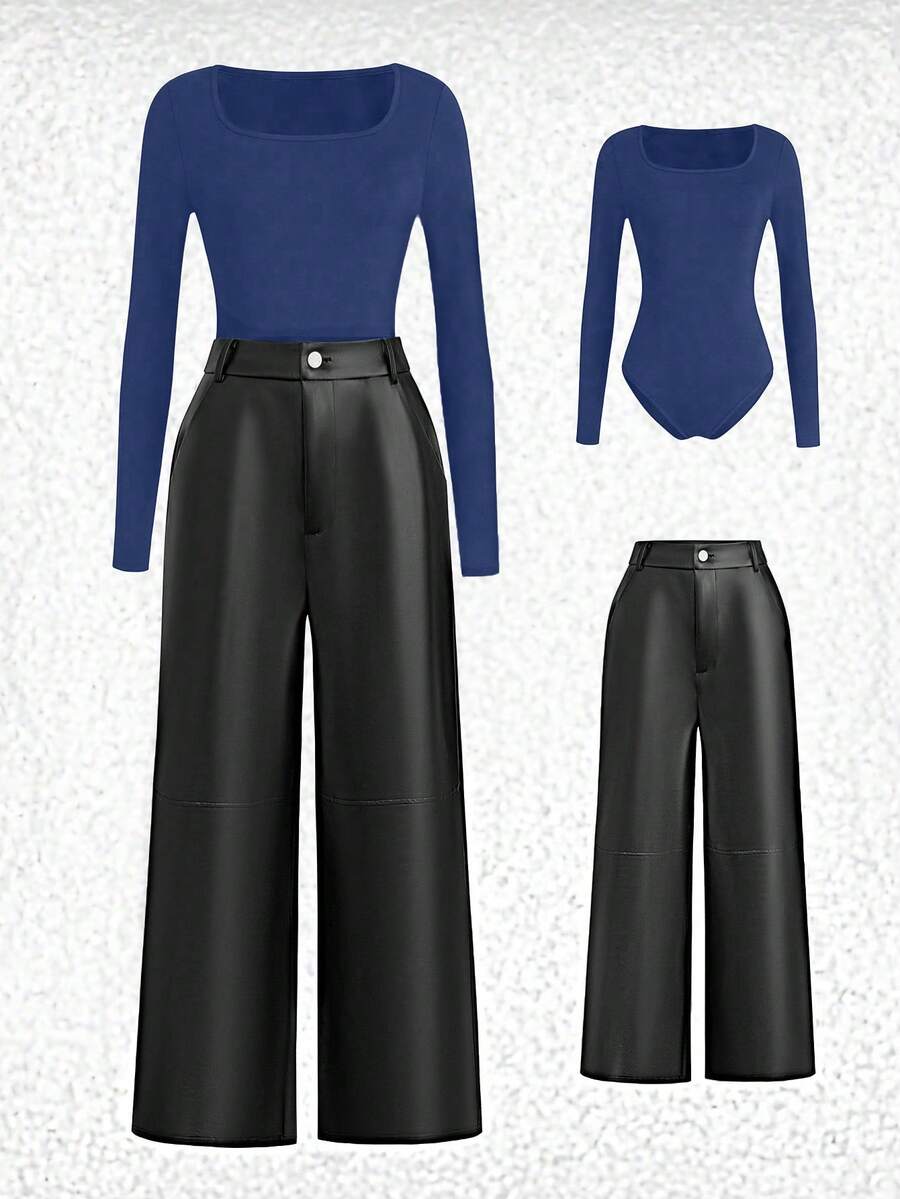 GlowEve Fashionable Commuter Ribbed Long Sleeve Jumpsuit & Wide Leg Pants Set - Multicolor - View 1