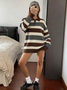 Livesso 女士休闲条纹高领毛衣，秋季 - 棕色 - 查看 4