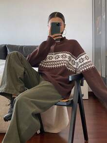 DAZY 女款復古半拉鍊高領毛衣，寬鬆慵懶套頭設計，費爾島提花圖案 - 棕色 - 查看 7