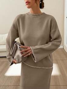 EURMUSE Women Stitch Detailed Round Neck Drop Shoulder Pullover & Sweater Skirt Set