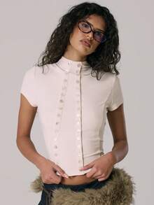 MUSERA Funnel Neck Asymmetric Double Button Front Detail Fitted Top Casual Cute Winter Cosy Coco Cloud Spring Summer - Cream - View 1