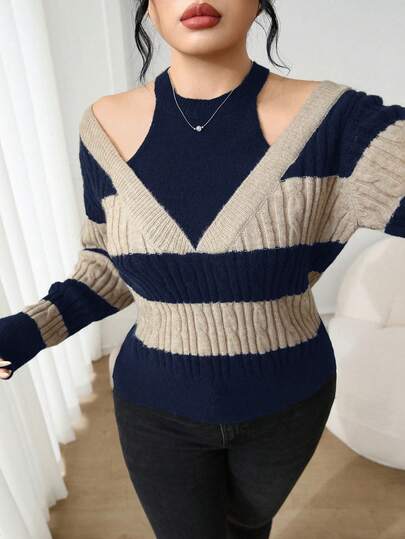 Modelyn 大码撞色条纹露肩吊带毛衣，秋季街头风