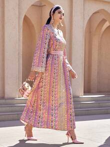 Al Najma Women's Elegant V-Neck Long Sleeve Cashew Pattern Arabic Style Dress Modest Dress Maxi Long Sleeve Dress Formal Elegant Party Uxury Evening Dresses Wedding Party Dress - Multicolor - View 6