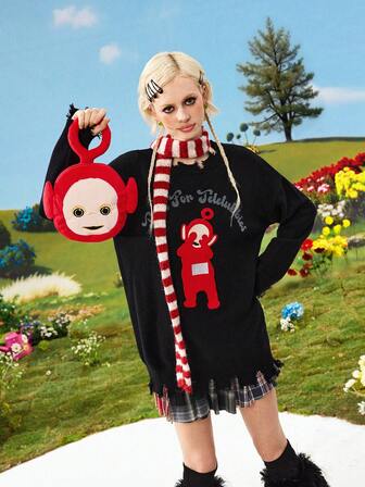 Teletubbies X ROMWE Maglione girocollo da donna con grafica carina ricamata, stile Y2K