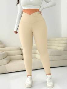Solflare 大码女式纯色不对称腰休闲紧身裤 - 卡其色 - 查看 4