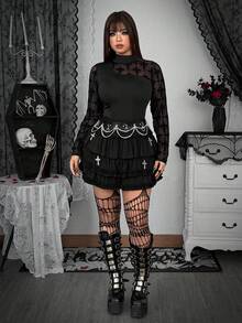 Whyspr Body de cuello alto ajustado con parches de terciopelo y malla en color negro sólido, gótico, streetwear, personalizado, Y2K, primavera/otoño - Negro - Ver 5