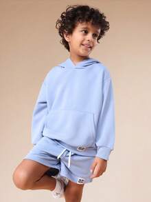 SUMWON Boys Oversized Hoodie And Shorts Set With Hood Centre Pocket Summer Casual Co-Ord Outfit - Blue - View 3