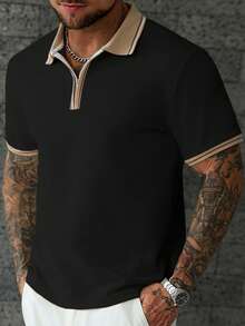 Manfinity CasualCool 休闲条纹短袖半拉链男士针织毛衣 - 黑色 - 查看 3