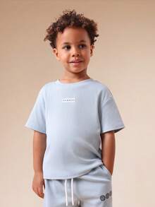 SUMWON Boys Light Blue Ribbed Knit Short Sleeve T-Shirt And Shorts Co-Ord Set With Urban Streetwear Graphics For Summer Casual Wear Vacation - Blue - View 3