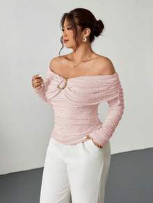 Firerie Plus Size Women Off-Shoulder Ruched Fitted Metallic Decor Textured Long Sleeve T-Shirt,Elegant,Dusty Pink,Autumn,Wedding Ninang Casual Spring Top - Pink - View 8
