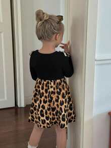 Emery Rose Kids Emery Rose Kids 女童圆领长袖豹纹拼接荷叶边下摆二合一时尚连衣裙 - 棕色 - 查看 6