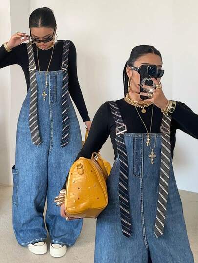 POPSWAY Plus Size Women's Denim Effect Bib & Brace Striped Contrast Color Large Pocket Casual Street Chic Jumpsuit, Suitable For Vacation, Dates, Parties, Outdoor