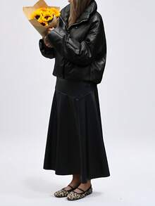 Chiquease 年轻通勤风宽松PU皮革质感宽翻领加厚羽绒服，罗纹袖口，保暖防寒，仿皮飞行员夹克，填充物为聚酯纤维，合成保暖材料，冬季外套，带羊羔绒内衬。 - 黑色 - 查看 5