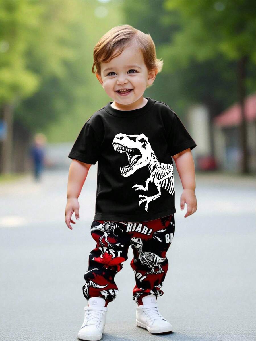 Bubblio 男婴休闲风可爱恐龙卡通动物街头涂鸦Y2K运动宽松圆领短袖上衣和裤子套装 - 彩色 - 查看 1