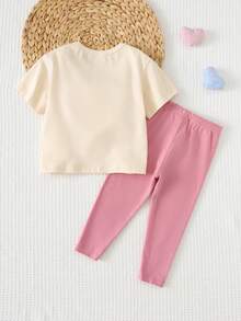 Cozy Pixies Young Girl Heart Graphic T-Shirt & Pants 2-Piece Set, Embroidered Heart Pattern Round Neck Loose Top & Skinny Leggings, Soft Knit Casual Outfit For Valentine's Day, Travel, Holiday, Versatile - Multicolor - View 2