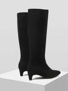 Mnmlis Women's Square Toe Minimalist Kitten Heel Mid-Calf Boots For Christmas - Black - View 2