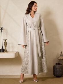 Al Najma Women's Floral Embroidery V-Neck Long Sleeve Elegant Arabic Dress - Brown - View 6