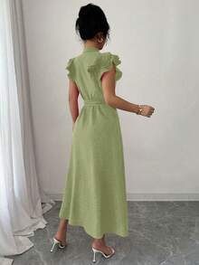 New Solid Color Lapel Ruffle Sleeve Cinched Waist Women Shirt Dress - Pastel Green - View 2
