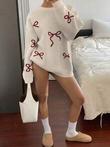 DAZY 女士宽松圆领蝴蝶结装饰长袖休闲毛衣 - 白色 - 查看 3