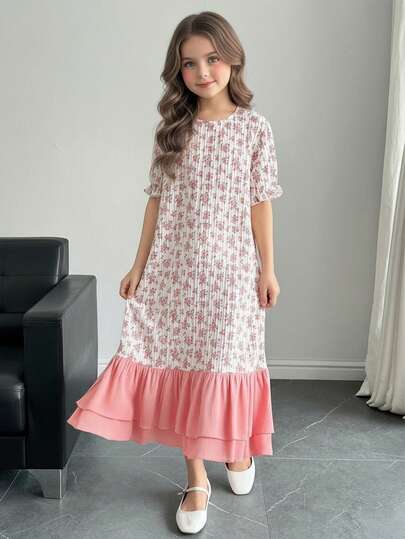 SHEIN Tweenflicka Söt Rosa Blommönster Rund Hals Puffärm Löst Avslappnad Nattlinne, Familjesemester Fritid Kortärmad Blommigt Mönster Klänning, Ramadanklänning, Eidklänning, Abaya, Jalabiya, Spets