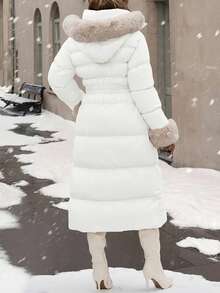 EURMUSE 带蓬松帽领和袖口的连帽大衣，配有腰带，及地长款，非常保暖且优雅 - 白色 - 查看 2