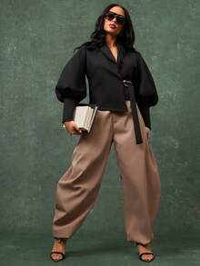 Vixey Áo quấn quanh tay dài phồng trơn tự buộc - màu đen - Xem 2