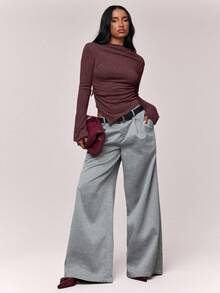 SHEIN BAE Women's Solid Color Long Sleeve Ruched Asymmetric Hem Fashionable Top - Burgundy - View 1