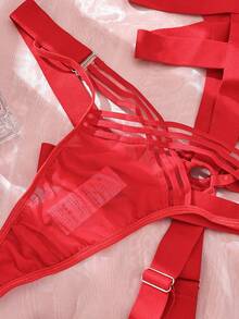 Solid Color Red Wide Strap Hollow Metal Decor Sexy Lingerie Set Bridal Lingerie For Going Out - Red - View 4