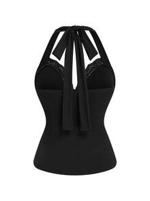 Sweetra Canotta con spalline a spaghetti e inserti in pizzo, top corto sexy con scollo a V profondo e senza maniche, canotta aderente con fiocco e spalline a spaghetti, blusa sexy con scollo a V e volant sul retro senza schienale per donne - nero - Visualizzare 2