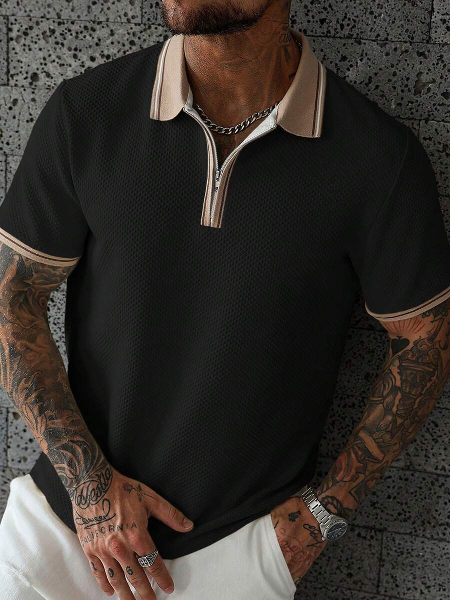 Manfinity CasualCool 休闲条纹短袖半拉链男士针织毛衣 - 黑色 - 查看 1