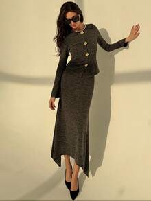 Aloruh Minimalist Commuter Autumn/Winter New Floral Gray Round Neck Tight Metal Button Tight Women Top + Super Long Asymmetrical Hem Women Skirt 2-Piece Set, Casual Sets For Women,Casual Sets For Women - Grey - View 7