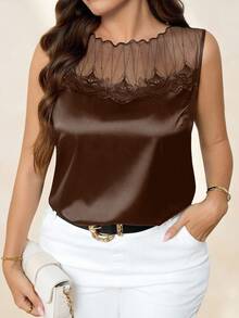Chikora Plus Size Fashionable Elegant Mesh Patchwork Sleeveless Tank Top - Brown - View 1