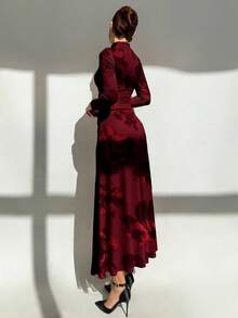 Aloruh 女士印花立领长袖褶裥连衣裙，优雅 - 中紫紅色 - 查看 3