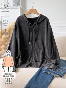 CosyJoli 大码女式前开拉链设计水洗面料长袖连帽衫，百搭黑色休闲套头衫，带口袋 - 黑色 - 查看 1