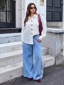 SHEIN EZwear Plus Size Women's Metal Button White Shirt,Elegant Office Versatile Autumn Top For Work,Dates,Party,Wedding,Casual ,Christmas & New Year - White - View 4