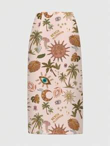 ROMWE Fairycore 复古度假风椰树、眼睛、太阳和月亮印花高开衩女装裙 - 棕色 - 查看 2