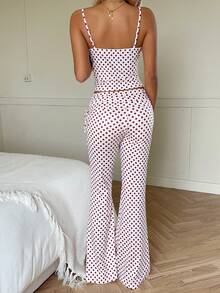 CovetEZ 2pcs/Set Valentine's Day Sweet Casual Home Fashion Outfits Women Polka Dot Contrast Lace Camisole And Flare Pants Casual Outfit Vacation Outfits Woman 2 Piece Summer Pant Set Polka Dot Two Piece Set - Red and White - View 4
