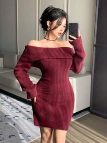 DAZY Đầm len ngắn trễ vai thiết kế bất đối xứng thanh lịch, thích hợp cho mùa thu, đông, Tết Nguyên Đán và Giáng sinh. - Màu Đỏ Sâu - Xem 10