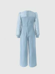 Bộ đồ liền thân dài tay raglan cổ tròn phối lưới 3D trang trí ngọc trai thanh lịch tối giản dành cho bé gái, cạp cao màu trơn, rộng rãi, thích hợp cho tiệc tối, tốt nghiệp, Giáng sinh - Màu xanh lam - Xem 2