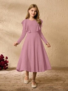 Tween Mädchen Kleid mit Rundhalsausschnitt, Langarm, Rüschen an der Taille, elegant für Halloween und Weihnachten - Pink - Übersicht 3