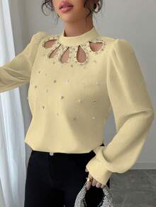 Modelyn 女士宽松泡泡珍珠领撞色拼接长袖衬衫 - 淡黃色 - 查看 5