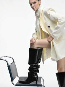 Mnmlis 女士尖头时尚黑色日常百搭过膝高跟靴 - 黑色 - 查看 6