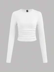 SHEIN EZwear 3 件套大码女式休闲纯色圆领褶皱长袖 T 恤，秋冬款 - 彩色 - 查看 8